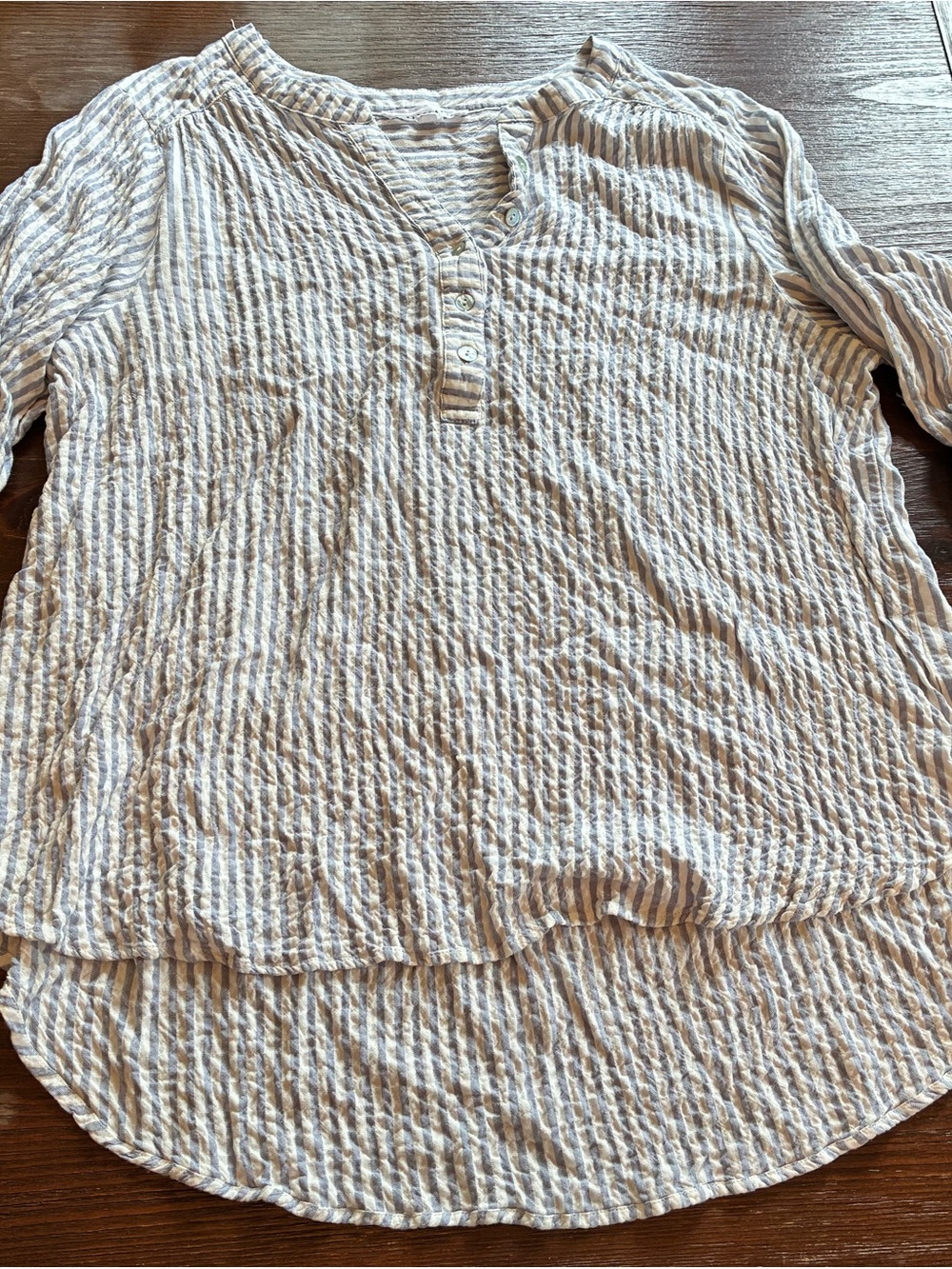 Women's 1X Blue & White Striped Button Henley crinkle nautical coastal beach Top